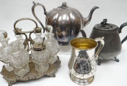 A parcel of EPNS / metalware including a six bottle condiment set on a high-Victorian EPNS stand,