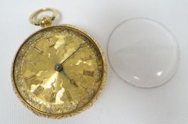 An 18ct yellow gold open-face pocket-watch having a guilloche case with foliate engraved border