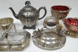 A good large parcel of EPNS and metalware including ornate desk-stand inkwell, butter-dish, part