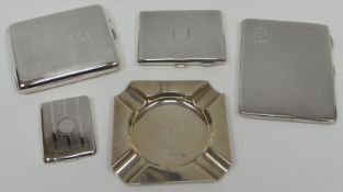 Three guilloche decorated silver cigarette cases, similar match case and a cigar-tray, 14.3ozs