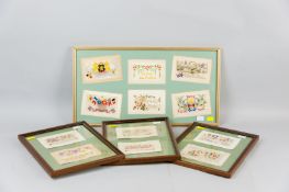A collection of twelve framed World War I period woven silk sweetheart cards, various patterns to