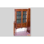 An Edwardian mahogany line inlaid and painted two door china display cabinet on slender supports