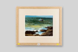 DONALD McINTYRE acrylic - rocky coastalscape with man in boat, signed with initials, 11.25 x 15.5