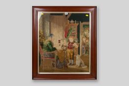 A Victorian mahogany framed woolwork tapestry showing a humorous interior scene of a young boy and