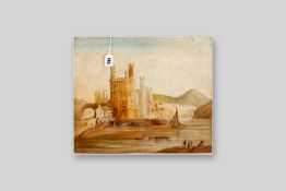 W LANGDON primitive oil on board - Eagle Tower, Caernarfon Castle with numerous boats and figures by