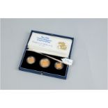 A cased UK 1988 gold proof three coin set of double sovereign, full sovereign and half sovereign, 28
