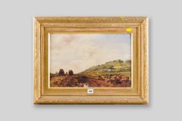 B B WADHAM oil on canvas - peat digging scene with distant farmstead and figures, signed, 11.5 x