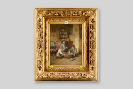 CHARLES EDOUARD FRERE oil on panel - interior scene, three children playing with fish in a bowl,