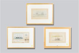 Five 19th Century maritime sketch studies, two each in frames glazed back and front and another