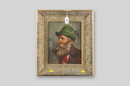 German/Austrian School oil on canvas - country gentleman with green hat and beard smoking a pipe,