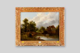 JAMES STARK oil on canvas - rural scene, riverside mill buildings with boys fishing and figure on