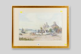 JOSEPH HUGHES CLAYTON watercolour - Anglesey coastalscape with cottages, beached boats and woman