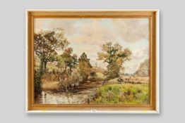M R THOMPSON oil on canvas - landscape with bridge, river and woman with donkey on a path, signed,