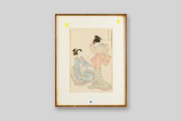 A framed and coloured woodcut print by KITAO SHIGEMASA titled 'Beauties of the East' showing two