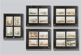 A set of five frames each containing four 19th Century coloured lithographs depicting various