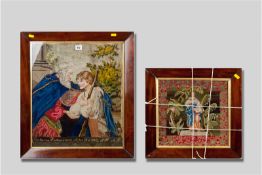 Two walnut framed woolwork tapestries by Catherine Hughes, one of the Prodigal Son's Return dated