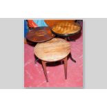 Three circular topped Victorian and later side tables, a mahogany and mixed wood segmented