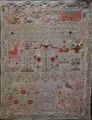A Victorian child's coloured wool pictorial sampler with place of worship, domestic animals and