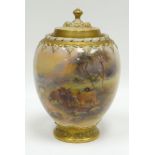 A Royal Worcester blush ivory vase and cover, the body painted with Highland cattle in an
