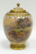 A Royal Worcester blush ivory vase and cover, the body painted with Highland cattle in an