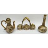 Three items of miniature Satsuma pottery comprising gourd-teapot, bottle vase and condiment set (