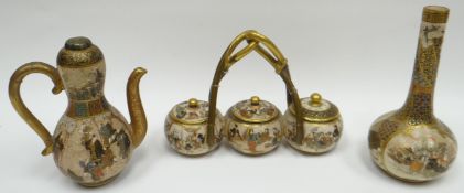 Three items of miniature Satsuma pottery comprising gourd-teapot, bottle vase and condiment set (