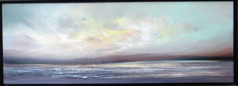 PHILIP RASKIN oil on canvas - beach, sea and headland, signed, 13 x 39ins (35 x 100cms)