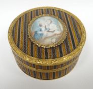 A nineteenth century striped 'Vernis Martin' circular-based box, with tortoise-shell lining and