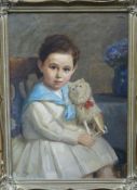 E W H oil on canvas laid on board - three quarter portrait of a seated boy cradling pull-along