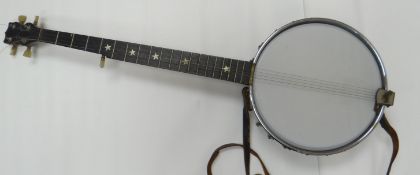 A five string banjo inscribed J Parslow, Kingston to the heal, 36ins long (92cms)
