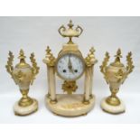 A French Empire style three piece alabaster and gilt metal clock garniture, the clock in a drum