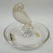 A modern Lalique frosted glass paperweight of dish form with perched bird, 4ins diam (10cms)