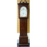 A Scottish eight day longcase clock with painted arched dial bearing Roman numerals and maker