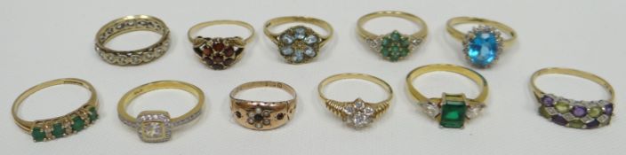 A parcel of eleven mixed rings, mainly 9ct yellow gold, 29gms total