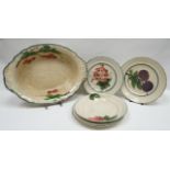 Six Llanelly pottery painted items comprising 'Cherry' oval serving-dish, three 'Plum' tea-plates, a
