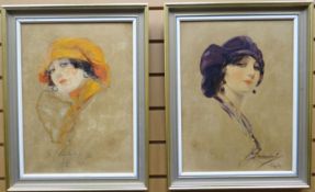 F BARRIBAL a pair of oil finished prints - portraits entitled verso 'Girl in a Purple Hat' and '