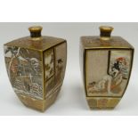A pair of Satsuma four-sided miniature vases with narrow necks, each facet decorated separately with