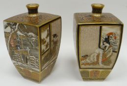 A pair of Satsuma four-sided miniature vases with narrow necks, each facet decorated separately with