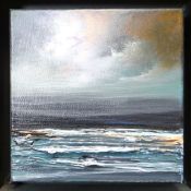 PHILIP RASKIN oil on canvas - stormy sea and distant land, signed, 6 x 6ins (15 x 15cms)