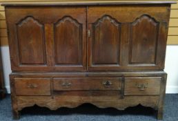 An early nineteenth century oak blanket-chest with four shaped fielded panels above three drawers