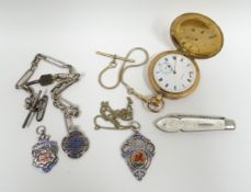 A parcel of jewellery items including a brass Waltham full-hunter pocket-watch, two silver Welsh