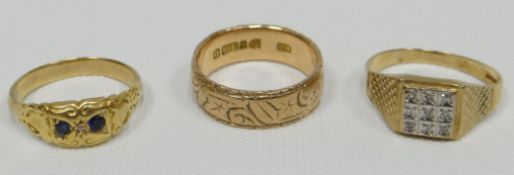 A parcel of three mixed rings comprising two 9ct yellow gold and another believed 9ct unmarked, 11.