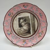 A Nantgarw porcelain plate, the moulded pink border decorated with flowers, ribbons and garlands,