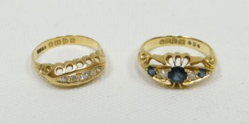 Two 18ct yellow gold antique rings, one with interspersing diamonds and sapphires, the other with