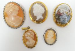 A parcel of five mixed cameo brooches