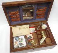 An antique writing box with collectable contents including fruit-knives, costume jewellery, flat-