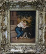 NINETEENTH CENTURY NAIVE SCHOOL oil on panel - young boy cuddling his seated dog, unsigned, 9 x 7ins