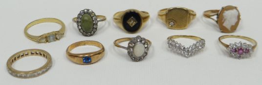 A parcel of ten mixed rings, eight marked 9ct gold, 23.8gms total