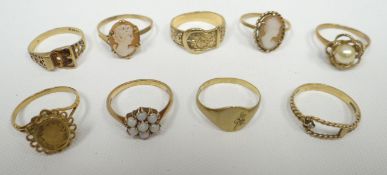 A collection of mixed, mainly 9ct yellow gold rings, 19.87gms total