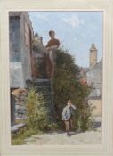 JOHN H PARTINGTON watercolour - mother sternly gazing down at boy from steps entitled on label verso